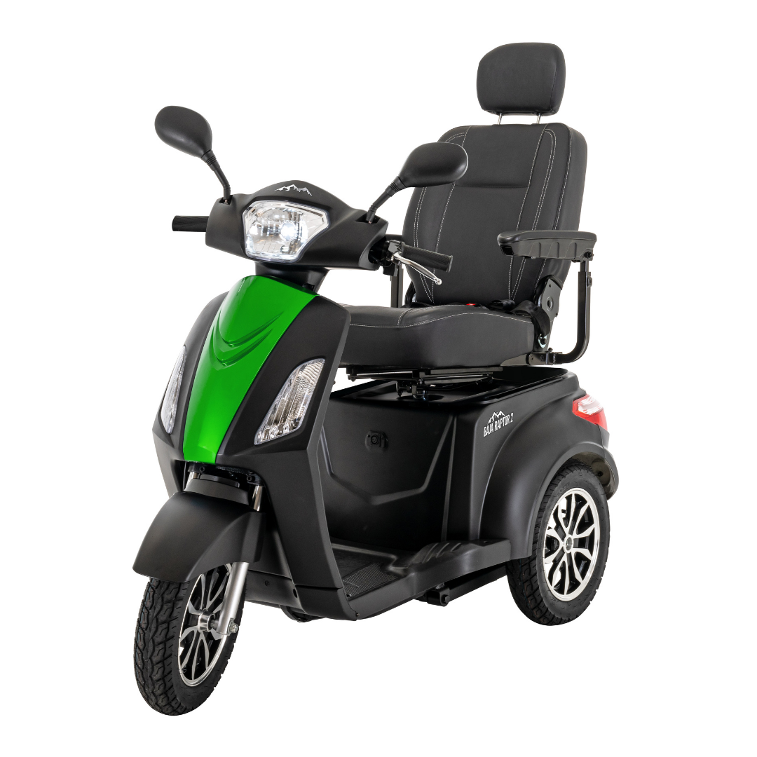 The Pride Baja® Raptor® 2 Bariatric 3-Wheel Scooter features full suspension, a cushioned seat, backrest, armrests, mirrors, and a headlight for comfortable outdoor mobility.
